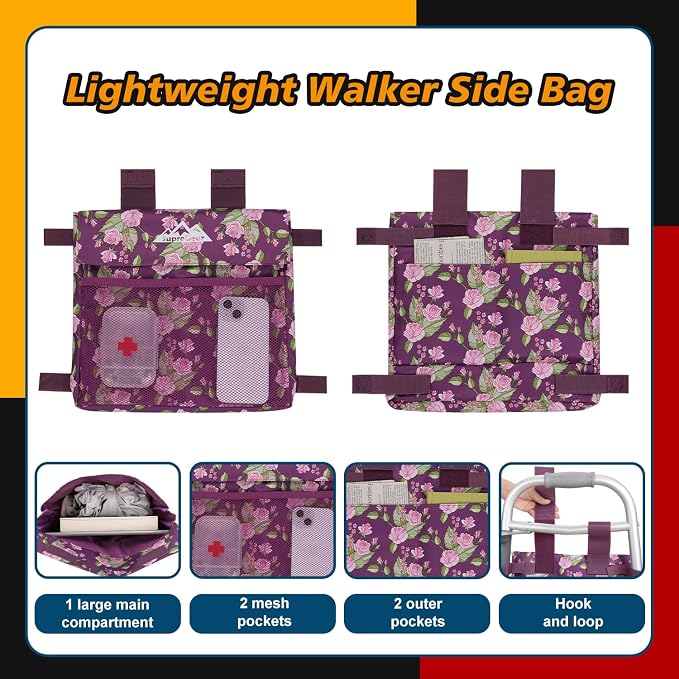 supregear Walker Side Bag, Water Resistant Accessory Basket Pouch for Folding Walkers, Lightweight Hand Free Storage Carrier Tote, Universal Size Seniors Caddy Attachment, Floral Purple