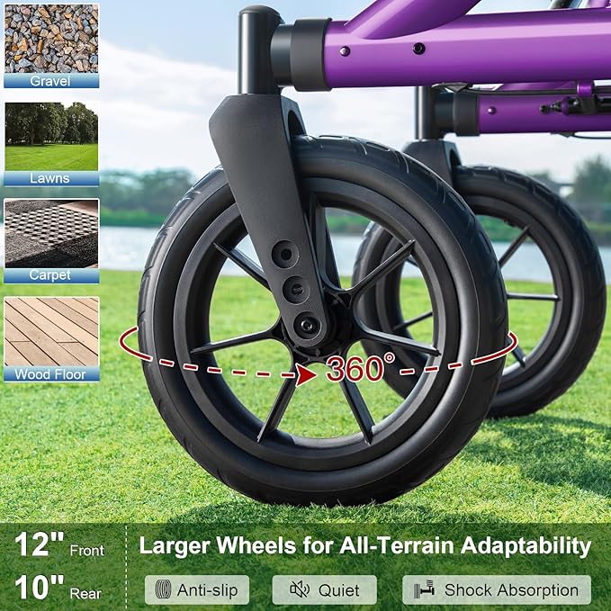 Walkers for Seniors, Rollator Walker with Seat, 12" Big Rubber Wheels All Terrain Rollator Walker with Backrest, Built-in Cable, Cup Holder, Foldable and Height Adjustment for Seniors, Purple