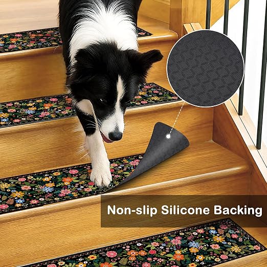 Black Floral Stair Treads 15 Pack Non Slip Stair Runner | 15PCS Black Floral Stair Runners Non Slip Indoor 8x30 Inch, Washable Carpet Rugs, Silicone Backing Kids Elders Dogs