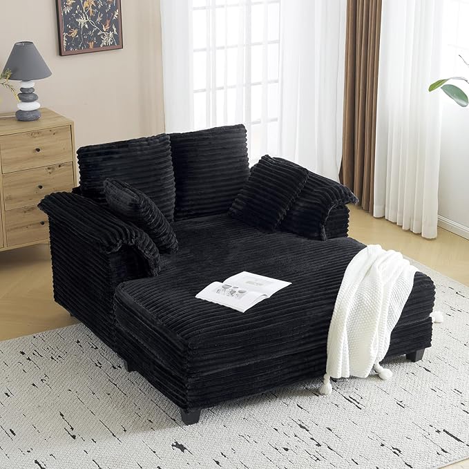 VINGLI 56" Oversized Chaise Lounge Chair, Black Comfy Corduroy Chaise Sofa Recliner Bed Upholstered Sleeper Couch Bed with Throw Pillows and Armrests for Living Room, Movie Room, Bedroom