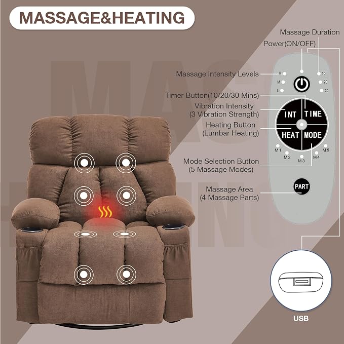 Oversized Massage Swivel Rocker Recliner Chair with Heat and Vibration Rocking Lounge Chair for Living Room Comfy Overstuffed Recliner with 4 Side Pockets,2 Cup Holders, USB Charge Port, Brown
