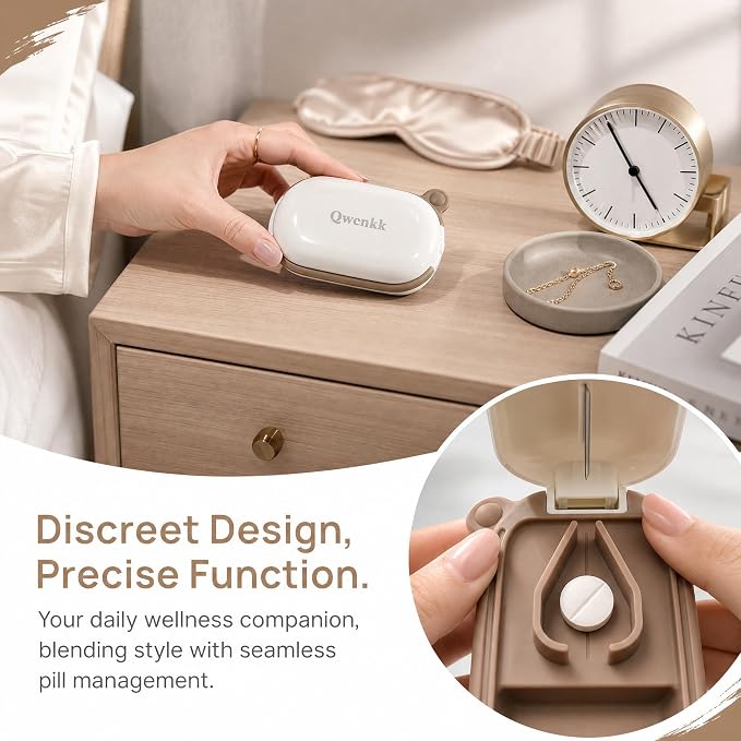 Pill Cutter and Splitter with Case, Compact Travel Pill Cutter with Removable Non-Slip Silicone Pad, Portable Medicine Box for Tablets, Vitamins and Daily Pills, Beige