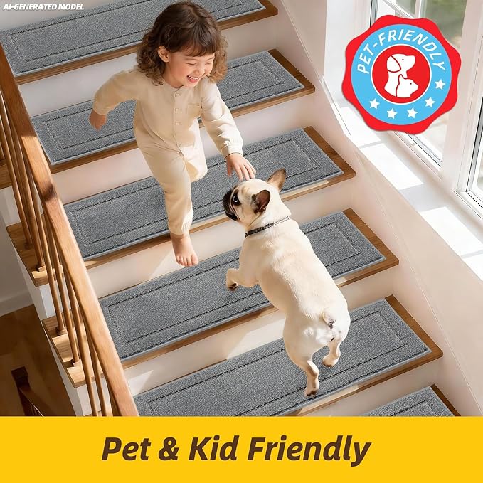 JSEI Stair Treads for Wooden Steps Indoor, 4-Pack, 30" x 8", Light Grey | Non Slip Stair Treads, Washable Polyester Stair Mats with TPE Backing, Low Profile Stair Rugs for Kids, Seniors and Dogs