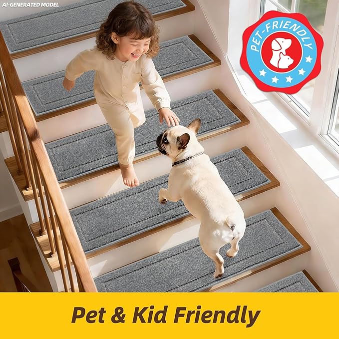 JSEI Stair Treads for Wooden Steps Indoor, 15-Pack, 30" x 8", Light Grey | Non Slip Stair Treads, Washable Polyester Stair Mats with TPE Backing, Low Profile Stair Rugs for Kids, Seniors and Dogs