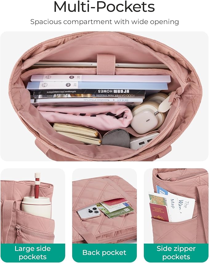 BAGSMART Crush Tote Bag for Women, 20L Puffer Work Tote with Zipper | Quilted Nurse Hospital Bag For Travel College Gym