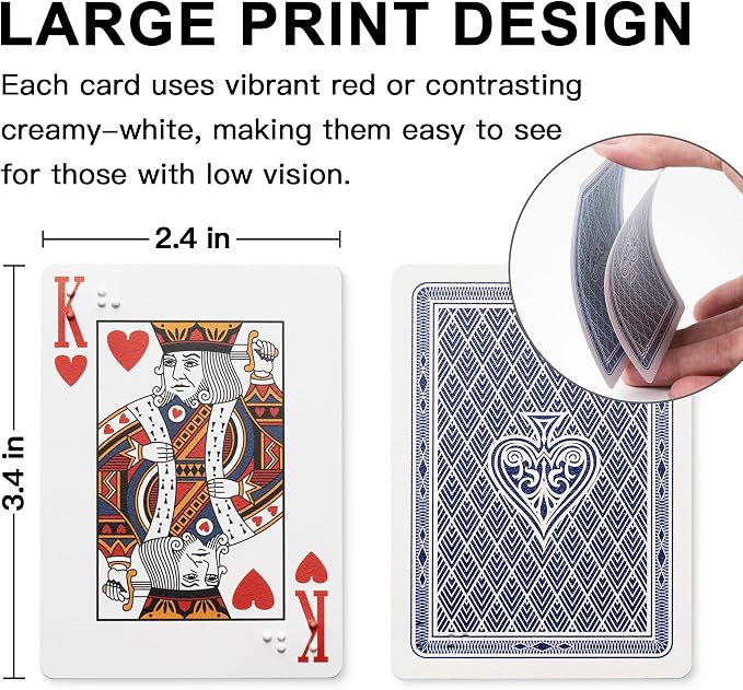 Braille Playing Cards for Visually Impaired - Large Print Tactile Poker Cards, 2.4x3.4 Inches, Sturdy Plastic for Blind Adults & Family Games