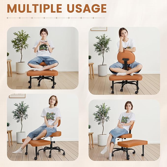 Ergonomic Cross Legged Office Chair with Wheels - Adjustable Height Kneeling Meditation Chairs for ADHD, Yoga & Desk Work - Wide Criss Cross Seat with Lumbar Support, Brown