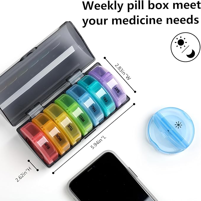 Sukuos Weekly Pill Organizer 7 Day 2 Times a Day, Large Daily Pill Box Easy to Open, AM PM Pill Case for Medicine/Vitamin/Fish Oil/Supplements (Purple)