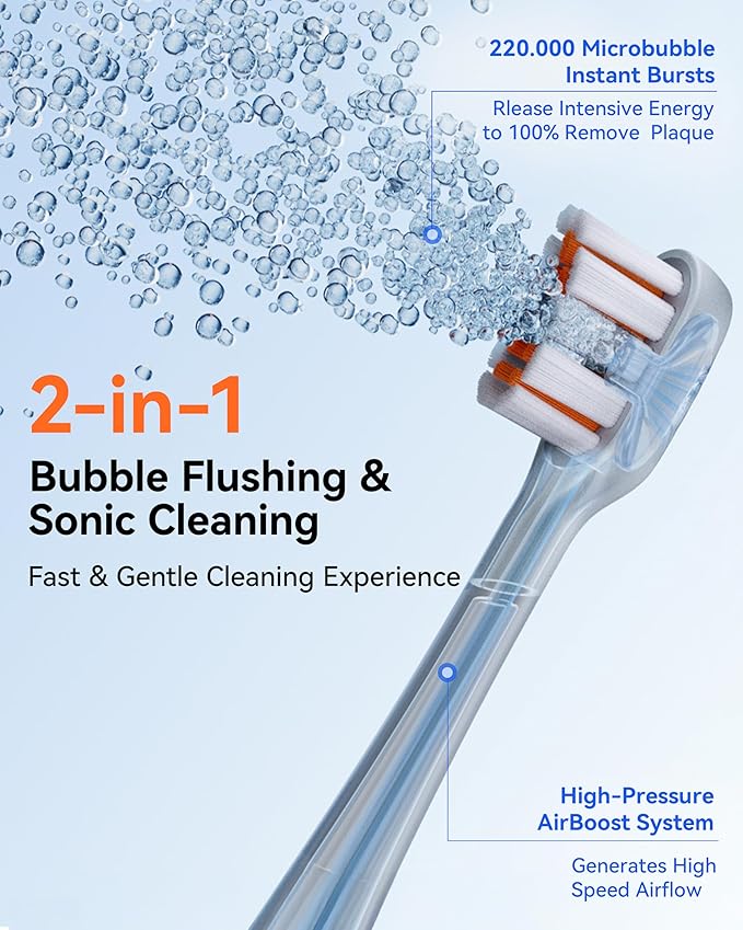 RANVOO AirJet™ [Max Jet Clean] [Vibrating & Flossing 2-in-1] Bubble Sonic Electric Toothbrush, Plaque Removal, White for Adult Protect Gum Teeth Clean Rechargeable Gift with 2 Soft Brush Heads Gray