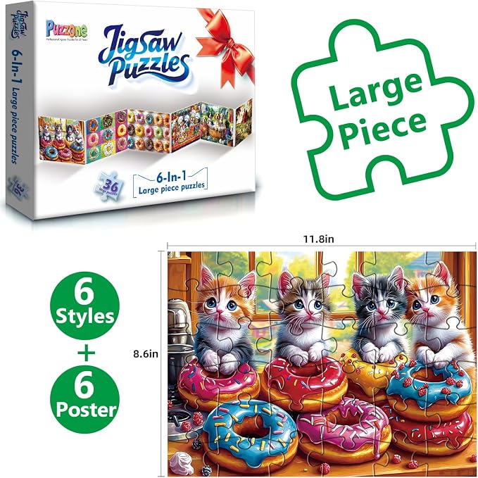 6 Pack 36 Large Piece Puzzles for Seniors, Dementia & Alzheimer's Activities for Elderly Adults, Easy Jigsaw Puzzles with Cute Dog & Donut Designs, Memory & Cognitive Games, Ideal Gifts