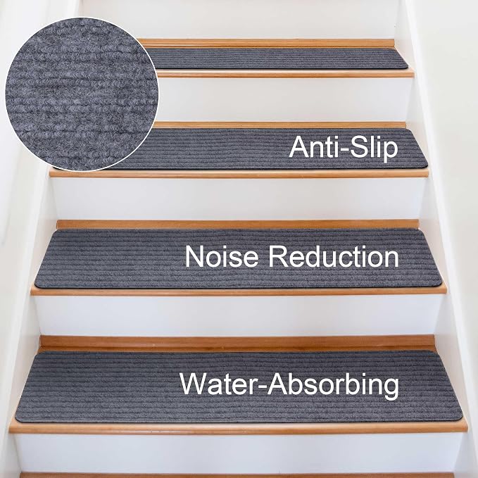 7 PCS Non Slip Stair Treads for Wooden Steps – 8"x30" Indoor Non Slip Stair Treads, Carpet Stair Mats with Self-Adhesive Backing, Removable & Machine Washable – Dark Grey