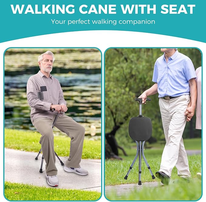 ENLUNTRA Portable Adjustable Folding Walking Cane with Seat ，Cane seat for Seniors with Magnetic Massage Handle, Supports up to 330 Pounds