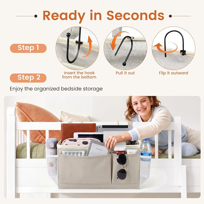 Bedside Caddy for Dorm Bed, Bedside Storage Bag Hanging Organizer | Metal Frame, Water-Resistant Lining, Fits Bed Rails up to 2.2 In, Adjustable Straps, Bunk and Hospital Beds(2 Pack, Light Gre