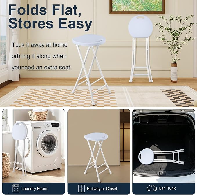 24-Inch Folding Stool with Handle, Folding Bar Stool with Non-Slip Feet,Folding Chair,Indoor and Outdoor Foldable Stool for Adults,500 lbs Capacity,Kitchen,Game Room(13"×11.5"×24",White)