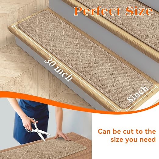 Stair Treads for Wooden Steps 15 PCS Non Slip Stair Rugs Khaki | 8x30in Self-adhesive Stair Runner Strips, Machine Washable, Indoor Carpet for Stairs, Stair Protection for Kids Pets Elderly