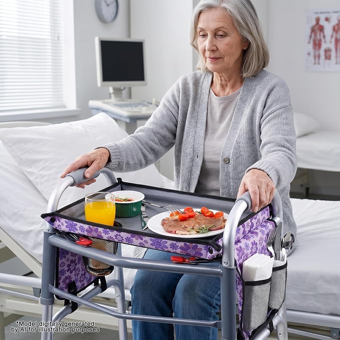 Walker Tray for Folding Walker with Cup Holder, Detachable Tray for Walker, Walker Accessories for Senior with Non-Slip Mat, Universal Fit for Meals, Drinks, Reading,Laptop (Purple with Side Pockets)