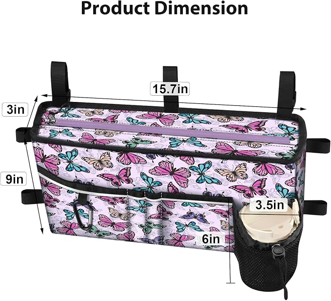 FINPAC Large Walker Tote Bag w/Cup Holder, Folding Walker Attachment Pouch | Water-resistant Polyester, Organized Pockets, Reflective Strip, Mobility Aid Storage Basket for Seniors, Butterfly