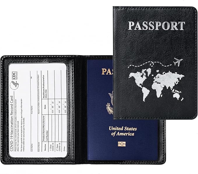 2 Pcs Passport Holders，Ultra Slim Passport Wallet for Travel Essentials | PU Leather Passport Cover for Women and Men (Black & Pink)