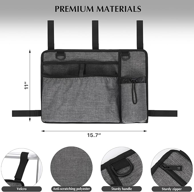 Walker Accessories for Seniors - Folding Walker Bag with Cup Holder, Storage Basket, and Organizer Pouch, Grey