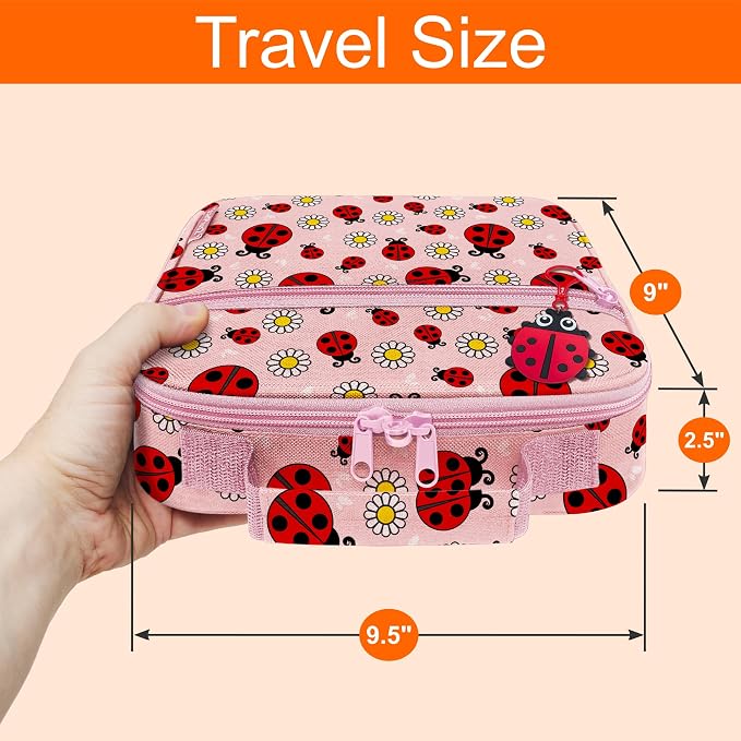 Medium Travel Pill Bottle Organizer, Child Medicine Bag with Zipper Toy, Carrier for Kids Medications and Medical Supplies - Lady Bugs