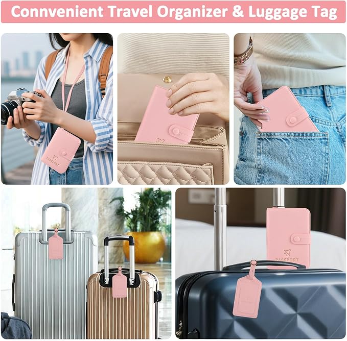 Passport Holder RFID Protected Wallet and Luggage Tag with Protection Cover Travel Accessories Leather Card Case Organizer for Women Men (Pink)