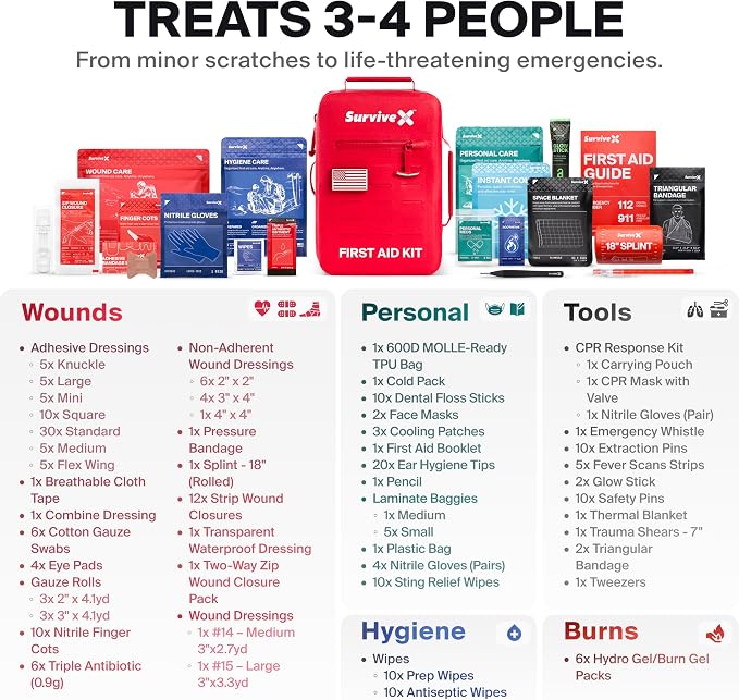 SurviveX Large Waterproof First Aid Kit for Car, Travel & Home - Emergency Kit for Hiking, Camping, Backpacking and Outdoors - Includes Zip Stitch Wound Closure Strips