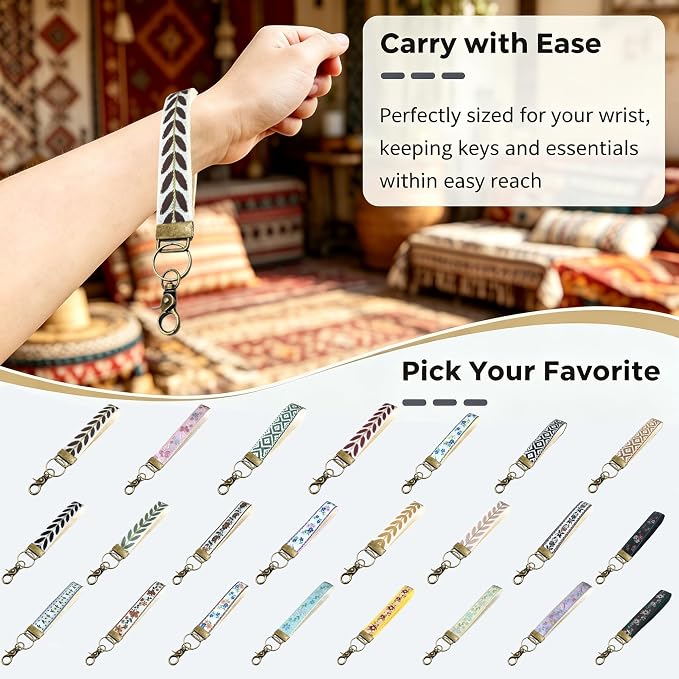 Boho Vintage Embroidered Floral plant Wristlet Keychain for Women | Cute Lanyard&Antique Brass Clasp, Lightweight Hands-Free Key Holder for keys,purses,handbags and daily outdoor use for ladies