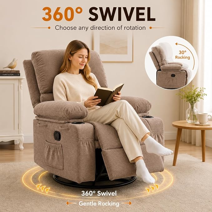 Recliner Chairs for Adults and Elderly, Swivel Rocker Recliner with Massage and Heating, Manual Reclining Chair with Cup Holders and Side Pockets, Comfy Rocking Chair for Living Room, Brown