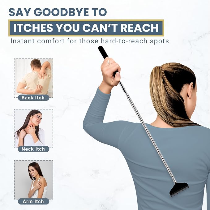 Robust Telescoping Back Scratcher for Instant Itch Relief, Extra Wide Head, Stainless Steel Handle Reaches Anywhere, Back Scratcher for Men, Back Scratcher for Women, Extends from 8" to 27" Gift Box