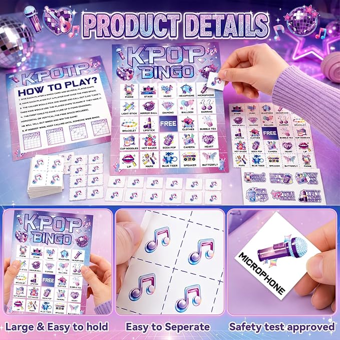 39pcs Kpop Music Party Bingo Game for Adults 24 Players Korean Idol Movie Bingo Cards With Reward Stickers for Family Friend Student Large Group Activities Pink Girl Kpop Music Dance Party Favors