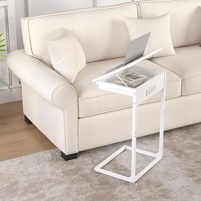 sthmec C Shaped End Table with Charging Station,45° Tiltable Adjustable Flip Top Side Table Set of 2,Small C Table Set 2 for Small Spaces,Slide Under Couch Sofa Bedside Table Living Room,White