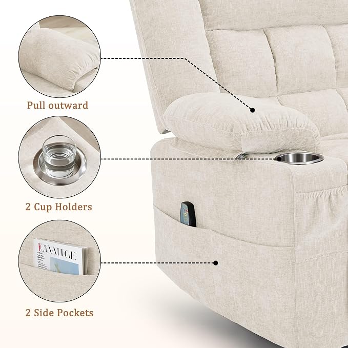 Korser 360° Swivel Rocker Recliner for Adults, Nursery Glider Recliner with Massage and Heating, Rocking Chair with Cup Holder, Manual Recliner Chair for Living Room, Bedroom (Fabric, Beige)