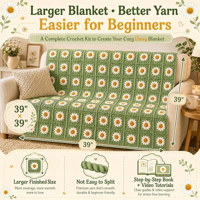 Coopay Crochet Blanket Kit for Beginners, Large Granny Square Crochet Kit | Complete Crochet Kit W/1200g Premium Yarn, Manual & Video Tutorial, DIY Handmade Blanket Gift for Crochet Lovers