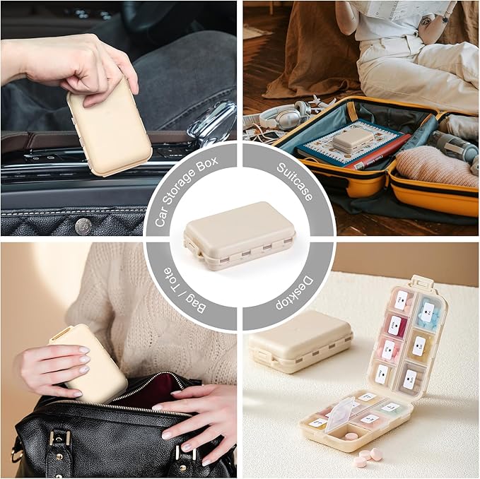 4 Pack, 14 GRIDS Travel Pill Organizer Box with Labels - Travel Medicine Case Kit - Pocket Daily Pharmacy Container - Travel Medication Holder Dispenser for Fish Oil Vitamin Supplement Storage