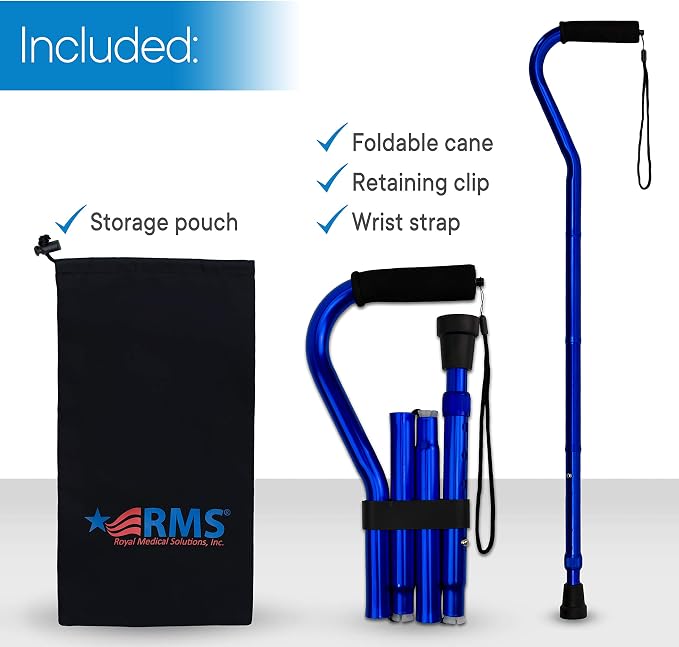RMS Folding Cane with Offset Foam Handle, Adjustable Walking Stick with Carrying Pouch (Blue)