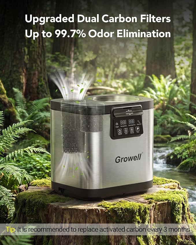 Growell 4L Electric Composter for Kitchen, Countertop, Indoor Compost Bin | Dual Carbon Filter, LED Touch Panel, Auto-Clean, Long-Life Brushless Motor, <40dB, Visible Window, Food Wast Recycler, Silver