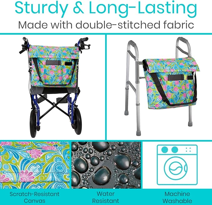 Vive XL Wheelchair Accessories Bag - Waterproof, Scratch-Resistant, Double-Stitched, Machine Washable for Adults, Seniors, 15 Colors - Storage Walker Backpack to Hang on Back