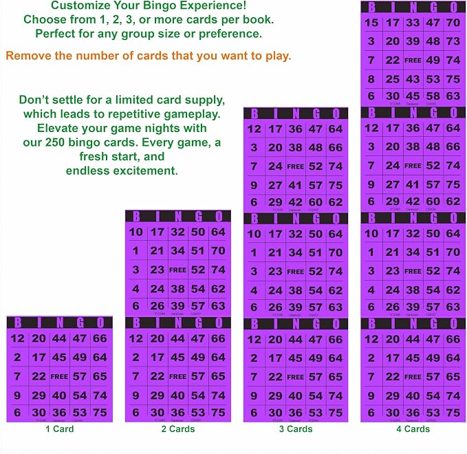 250 Bingo Cards, Large 4.5 x 4.5 Inch, Purple, Paper Bingo Sheets | 8 Color Options, Premium Cardstock, Disposable with Daubers or Reusable with Chips — Proudly Made in USA