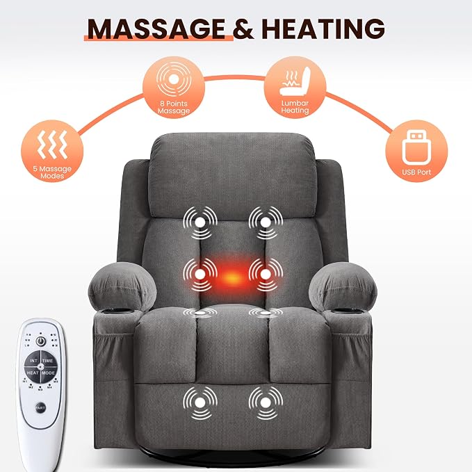 MAHOMICO Swivel Rocker Recliner Chair with Vibration Massage and Heat for Living Room,with Rocking Function and Side Pocket, USB Charge Port,2 Cup Holders