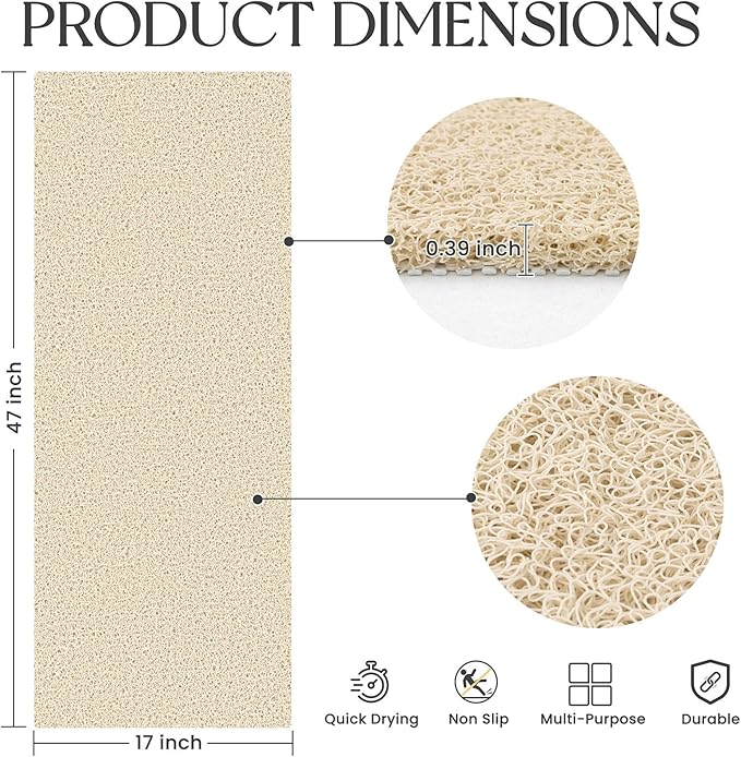 Bathtub Mat Non Slip, 47x17 Inch Shower Mats for Inside Shower, PVC Loofah Bathroom Mat Quick Dry with Drain Hole, Phthalate-Free Bath Mats for Shower Bathroom Tub and Wet Areas (Beige)