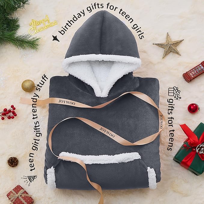 JOYWOO Wearable Blanket Hoodie,Oversized Cat Lovers Sweatshirt Blanket for Adult & Teens,Birthday Gifts for Teen Girls Boys Women,Cozy Fuzzy Sherpa Sweatshirt Blanket Giant Pocket Gifts,Grey Small