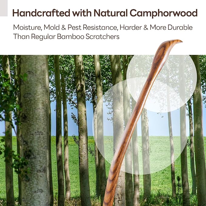 Tomorotec Back Scratcher, Camphor Wood Curved Long Handle for Men Women | Hand-Carved Lightweight Itch Relief Body Scratch Tool, 17.5 Inch, Great Gift For Adults Seniors Dad Mom Grandparents