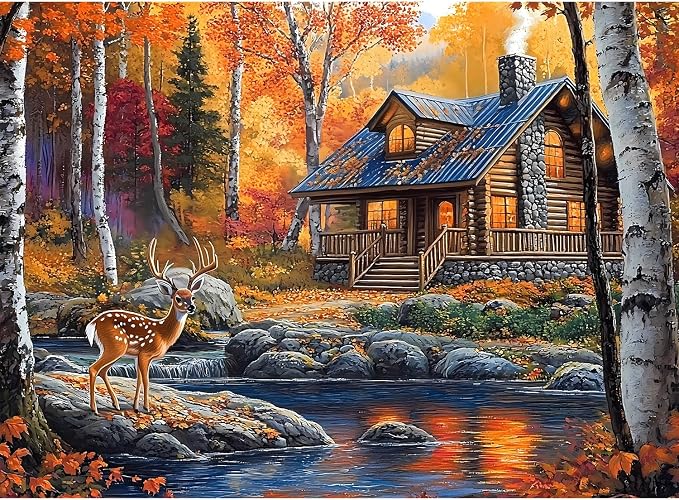500 Piece Puzzle for Adults, Autumn Fall Landscape Jigsaw Puzzles 500 Pieces, Deer Forest Cabin River Scene, 500 Piece Puzzles for Adults, Cozy Nature Puzzle, Family Game, Home Decor Gift 20.5 x 15 in