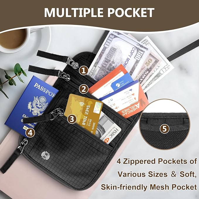 Likesing 5.5" L x 7.9" W Travel Neck Wallet, RFID Passport Pouch(Dark Grey) | RFID Blocking Passport Holder for Travel, Security Lightweight Passport Travel Wallet, Neck Pouch Gifts for Women Men
