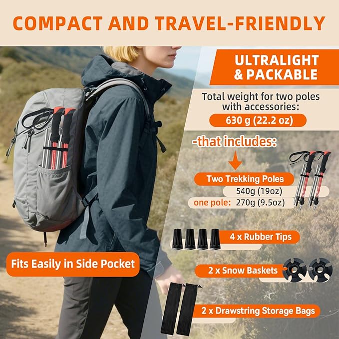 Collapsible Trekking Poles for Hiking - Lightweight Foldable Hiking Poles, 2 Pack Adjustable Aluminum Walking Sticks with for Men, Women, Kids, Seniors, Walking Poles for Backpacking, Camping, Travel