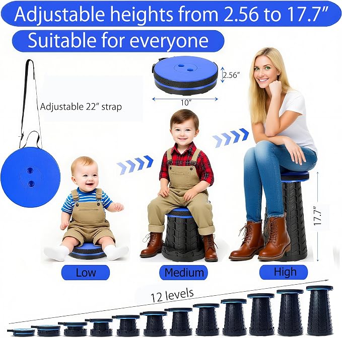 Fishboy Collapsible Stool for Adults, Portable Folding Camping Seat, 400lbs | Lightweight but sturdy, retractable telescoping design with adjustable heights for fishing, hiking, travel, festivals, BBQ