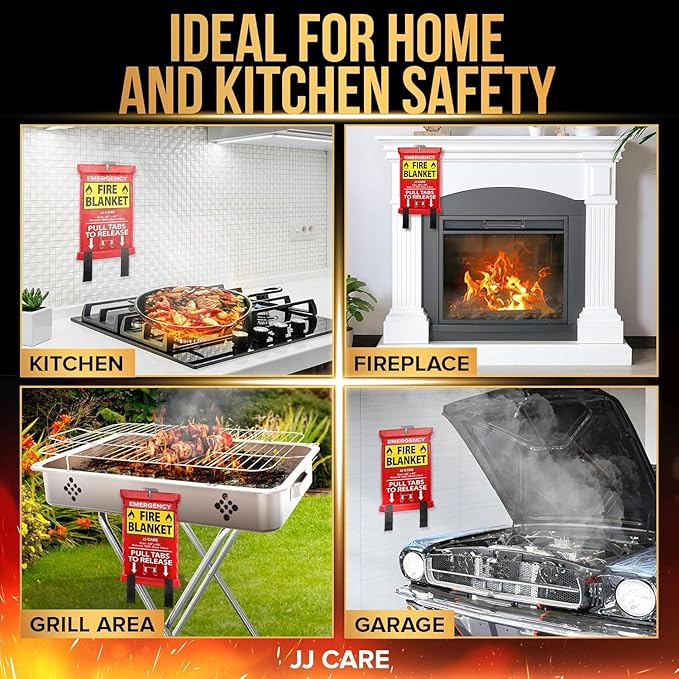 JJ CARE Fire Blanket – 5 Packs with Hooks – 40” x 40” Fire Blankets Emergency for Home and Kitchen, High Heat Resistant and Flame Protection for Kitchen, Car, Office, Camping & Home Safety