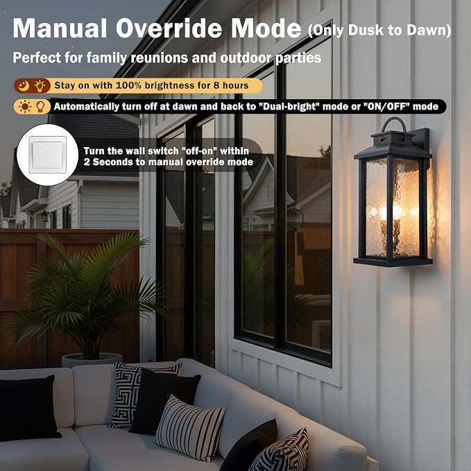 20 Inch Large Motion Sensor Outdoor Wall Lights | Matte Black, 3 Lighting Modes, E12 Sockets, Water Glass, Hardwired, Waterproof Dusk to Dawn Outdoor Lighting For Patio Garage