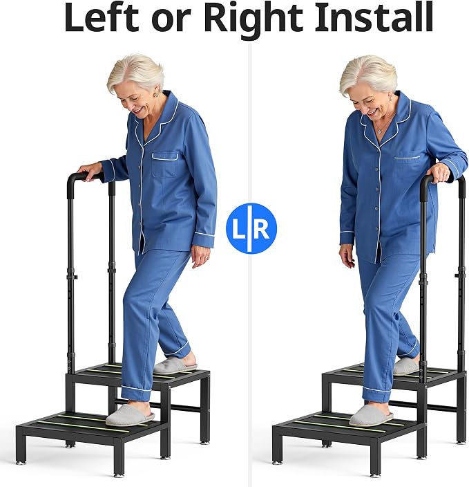 2 Step Stool with Handle, Heavy Duty Step Stool for Elderly and Adults, Adjustable Handrail with Non-Slip Platform, Bedside Steps for High Beds, Kitchen and Bathroom