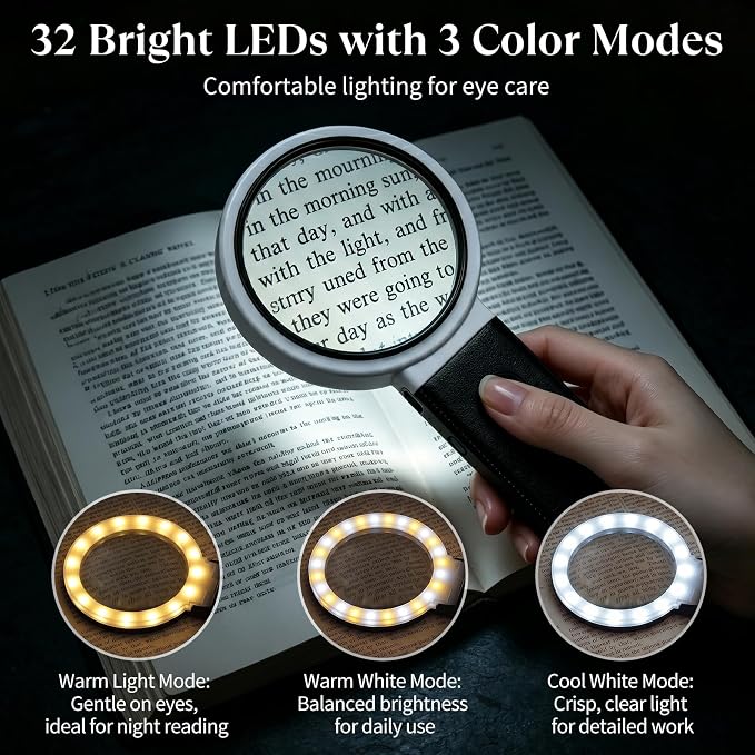 MoKo 10X 30X Magnifying Glass with Light and Stand for Close Work,Reading | Foldable Handheld Lighted Magnifier,32 LEDs 3 Modes,for Coins,Jewelry,Crafts,Seniors & Kids Gifts, Black